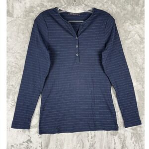 M&S Collection Womens Navy Blue Metallic Striped Henley Top Long Sleeve Size 12